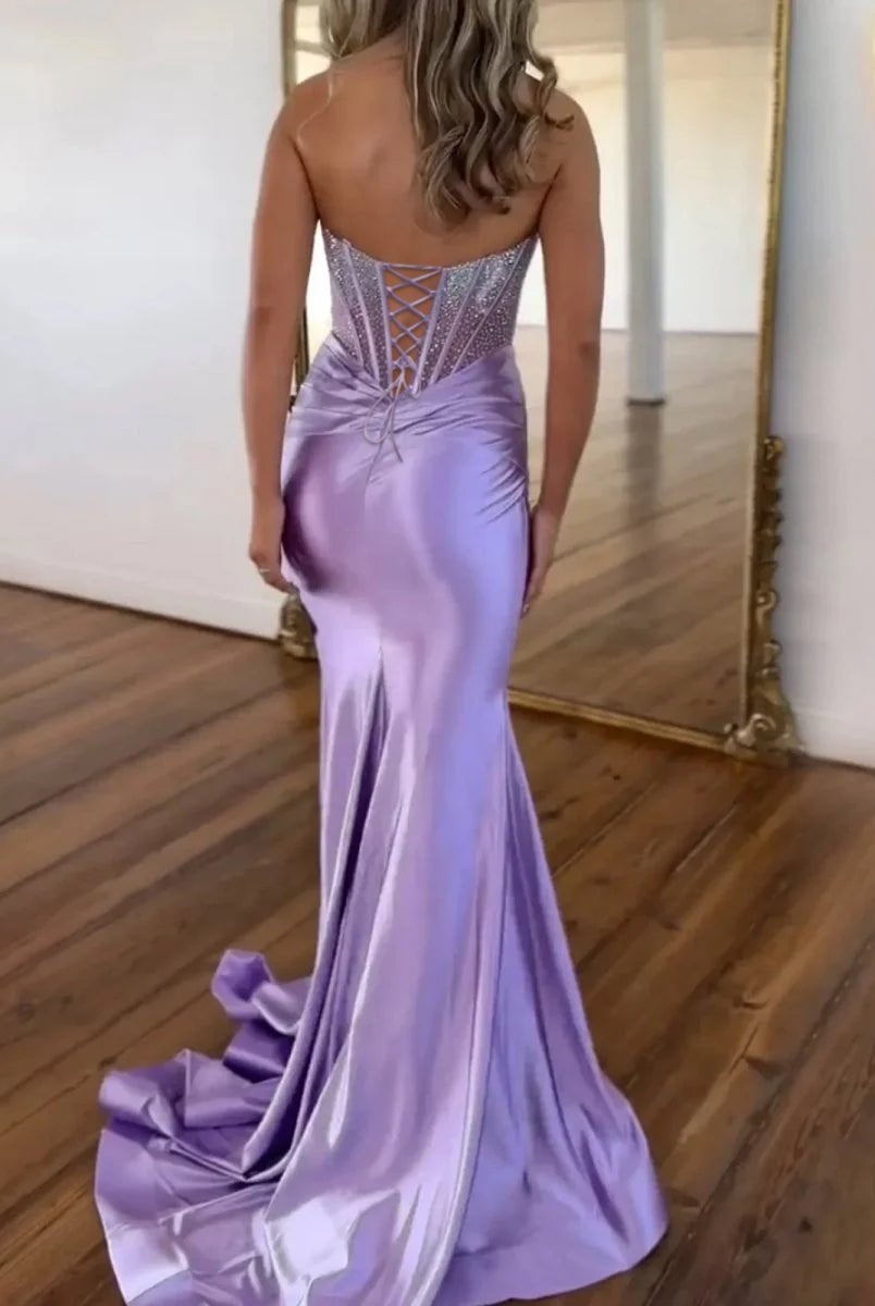 Serin | Purple Strapless Mermaid Satin Long Prom Dress With Beading - KissProm
