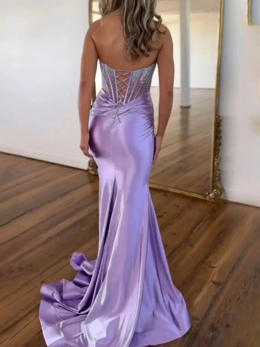 Serin | Purple Strapless Mermaid Satin Long Prom Dress With Beading - KissProm