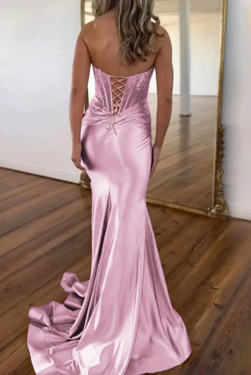 Serin | Pink - Strapless Mermaid Satin Long Prom Dress With Beading-KissProm