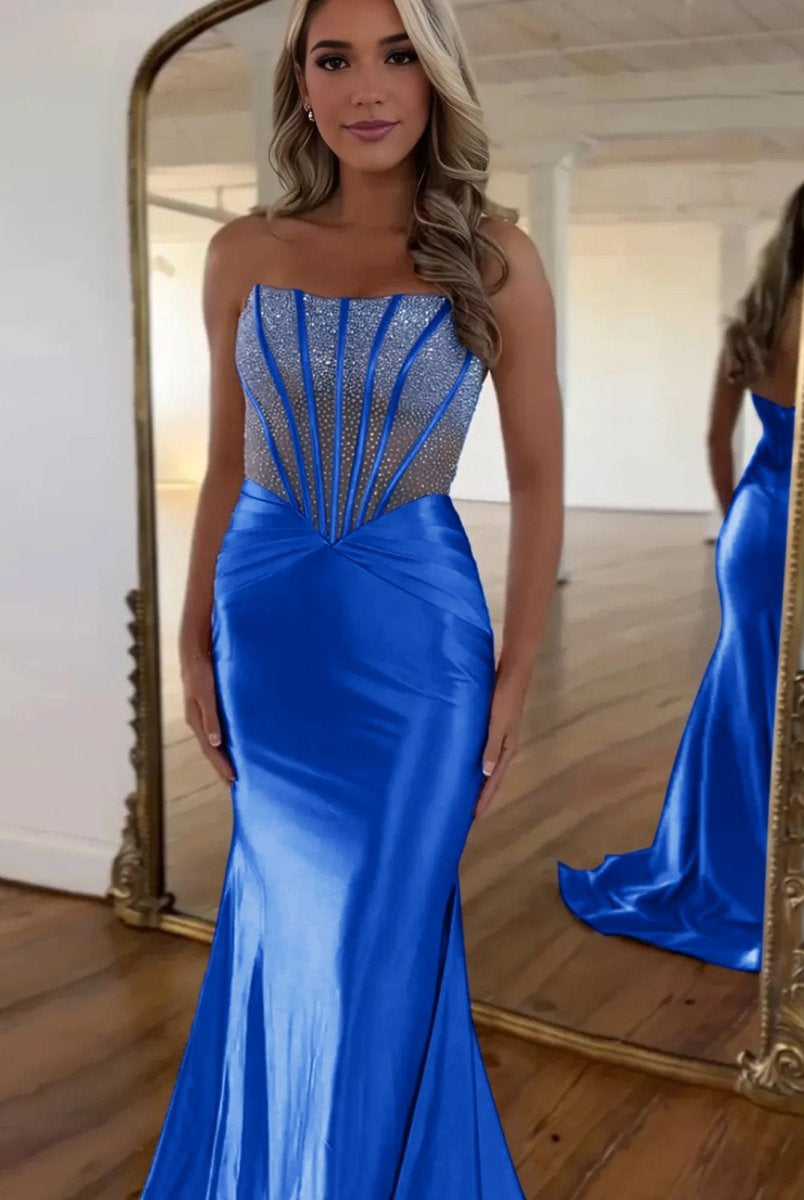 Serin | Purple Strapless Mermaid Satin Long Prom Dress With Beading