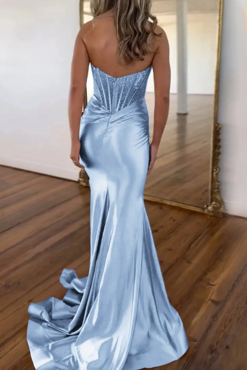 Serin | Purple Strapless Mermaid Satin Long Prom Dress With Beading