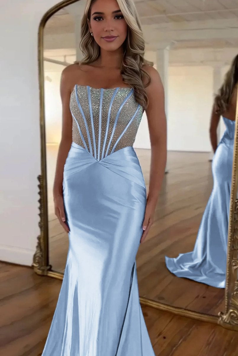 Serin | Purple Strapless Mermaid Satin Long Prom Dress With Beading