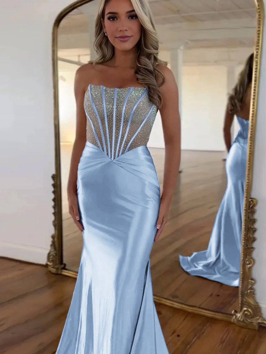 Serin | Sky Blue - Strapless Mermaid Satin Long Prom Dress With Beading-KissProm
