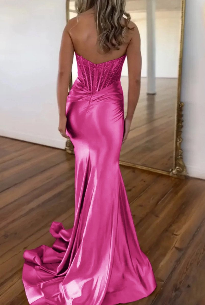 Serin | Purple Strapless Mermaid Satin Long Prom Dress With Beading