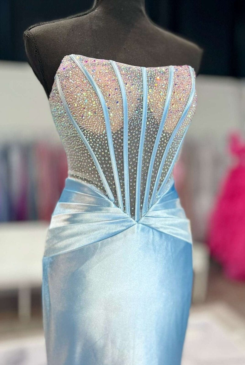 Serin | Sky Blue - Strapless Mermaid Satin Long Prom Dress With Beading-KissProm