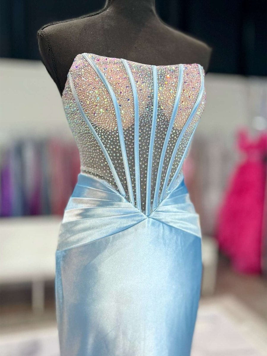 Serin | Sky Blue - Strapless Mermaid Satin Long Prom Dress With Beading-KissProm