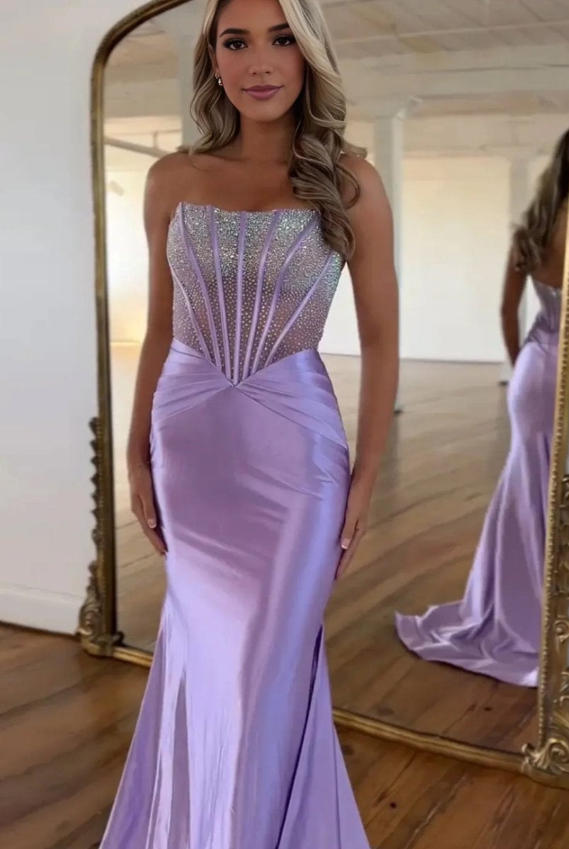 Serin | Purple Strapless Mermaid Satin Long Prom Dress With Beading