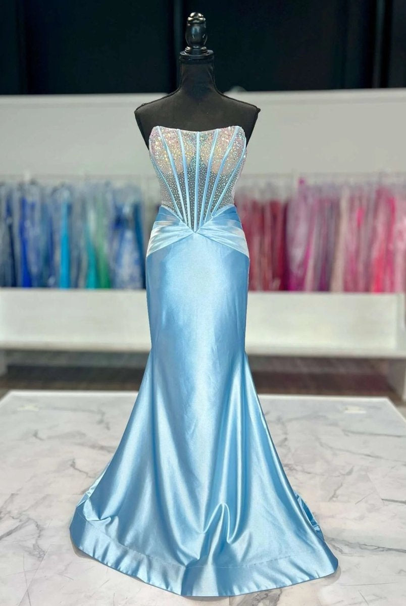 Serin | Sky Blue - Strapless Mermaid Satin Long Prom Dress With Beading-KissProm