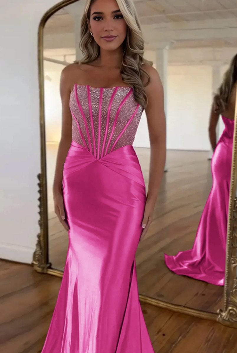 Serin | Purple Strapless Mermaid Satin Long Prom Dress With Beading