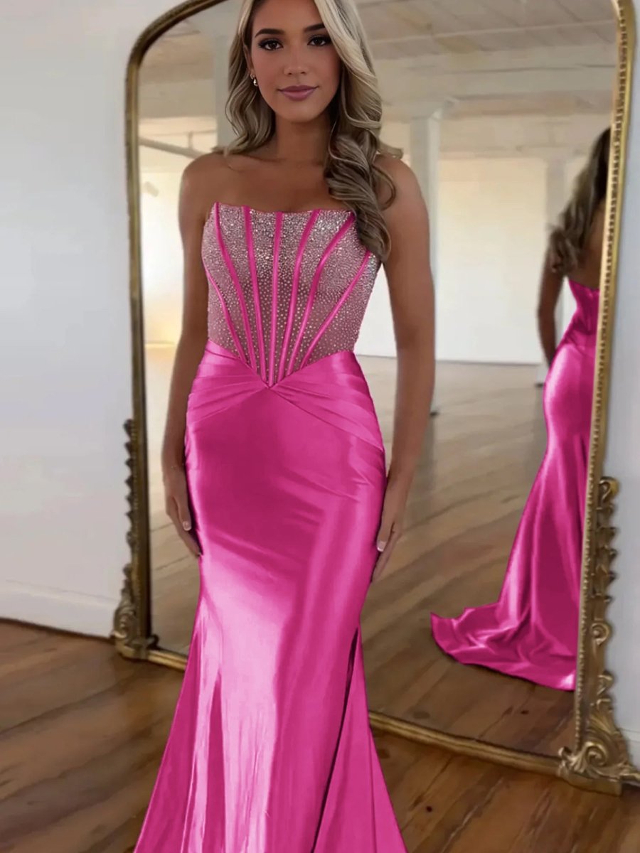 Serin | Fuchsia - Strapless Mermaid Satin Long Prom Dress With Beading-KissProm