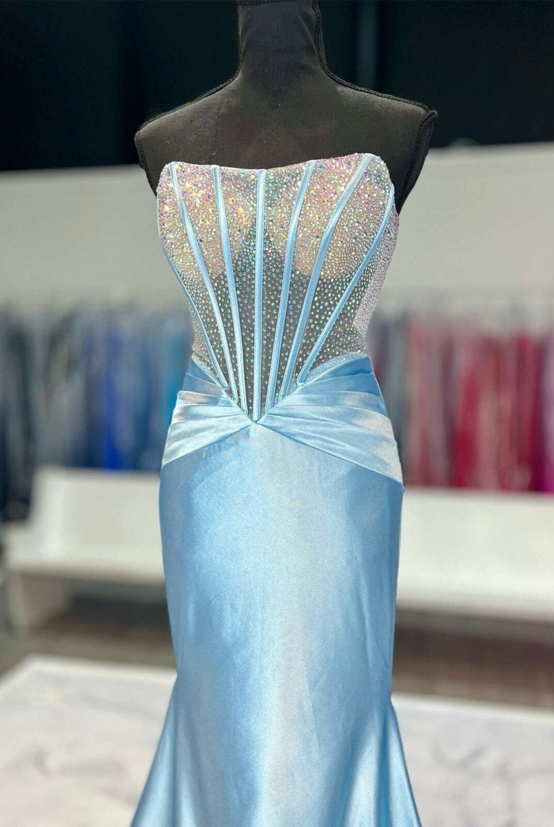 Serin | Sky Blue - Strapless Mermaid Satin Long Prom Dress With Beading-KissProm