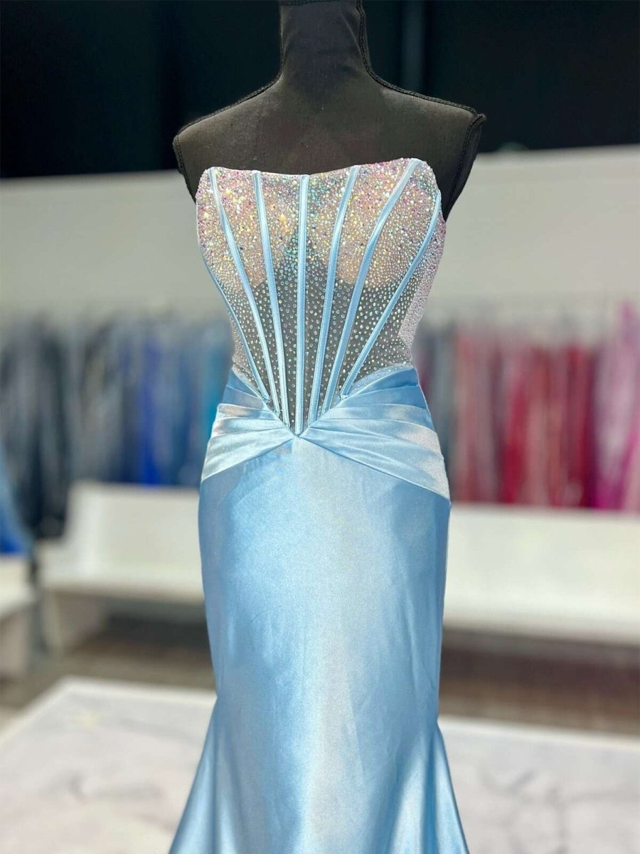 Serin | Sky Blue - Strapless Mermaid Satin Long Prom Dress With Beading-KissProm