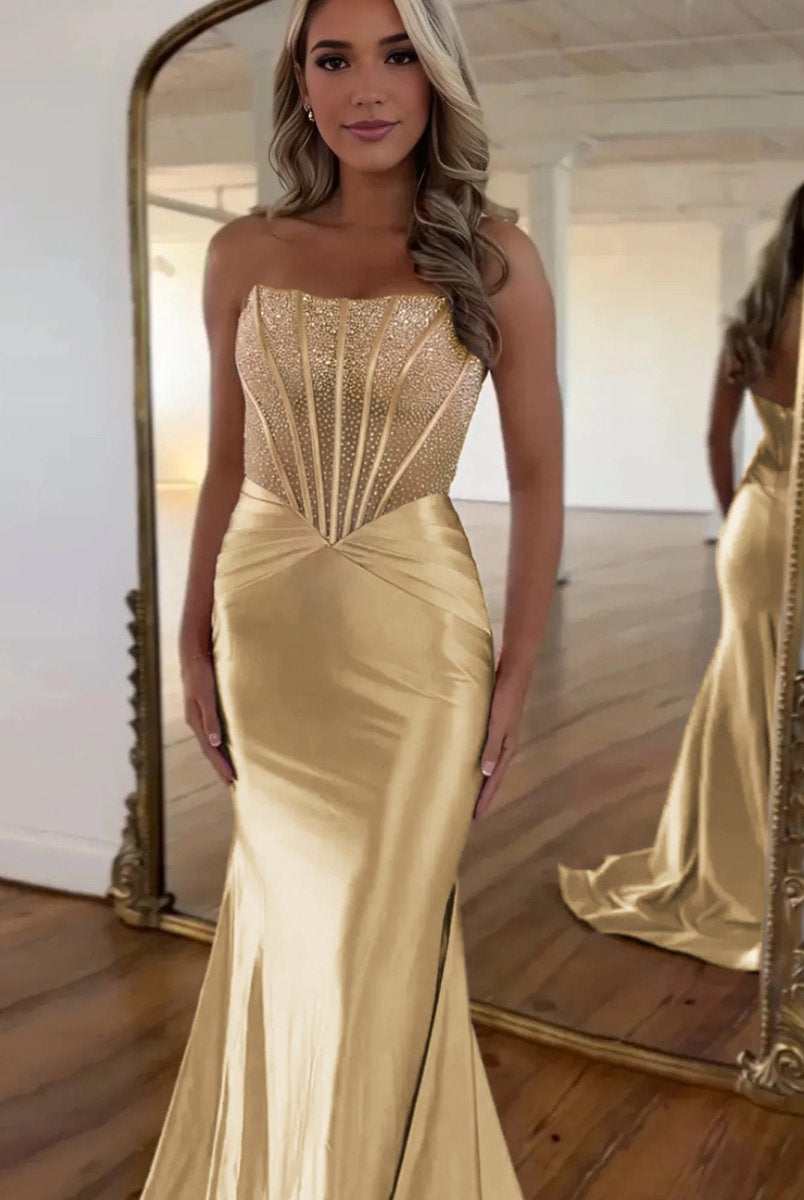 Serin | Purple Strapless Mermaid Satin Long Prom Dress With Beading