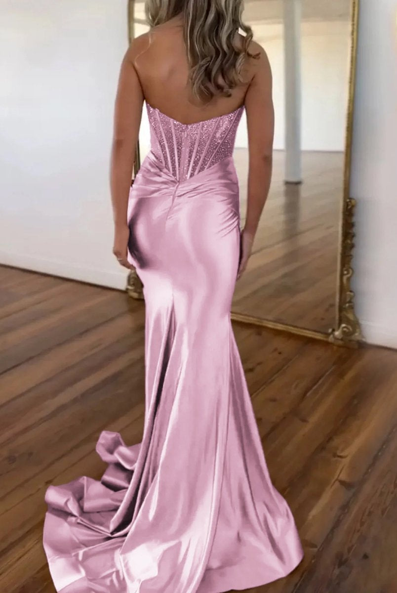 Serin | Purple Strapless Mermaid Satin Long Prom Dress With Beading