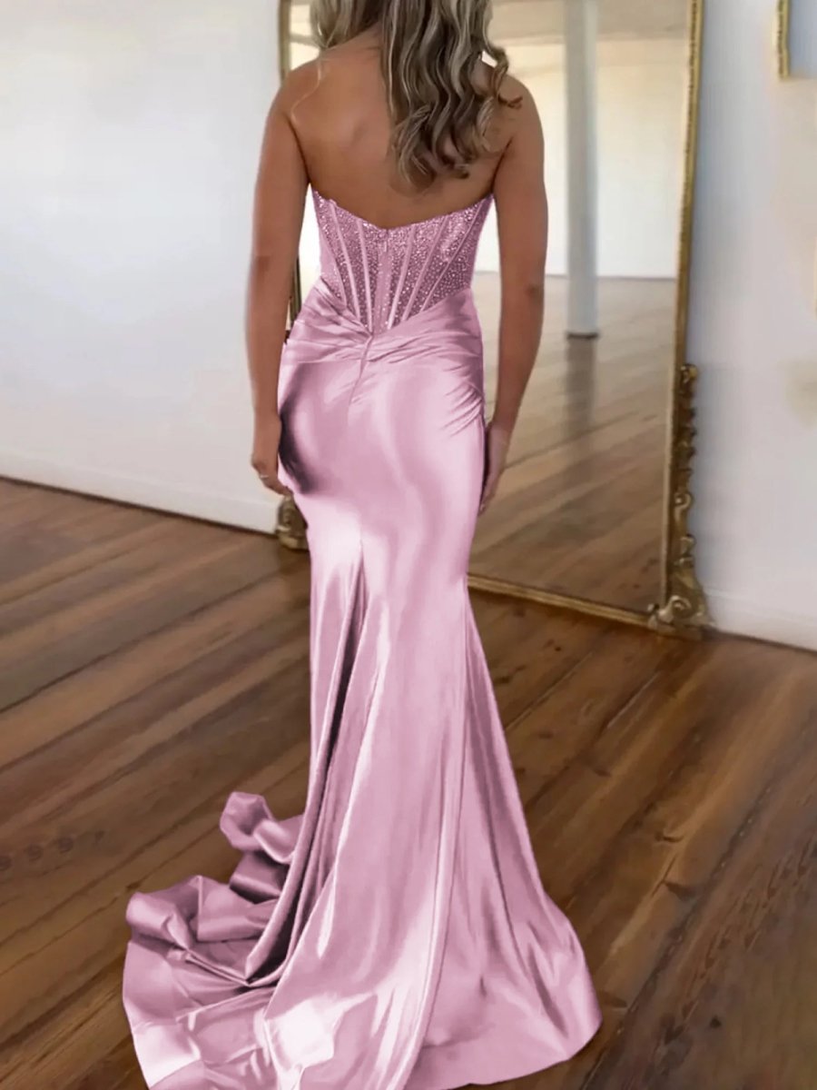 Serin | Purple Strapless Mermaid Satin Long Prom Dress With Beading