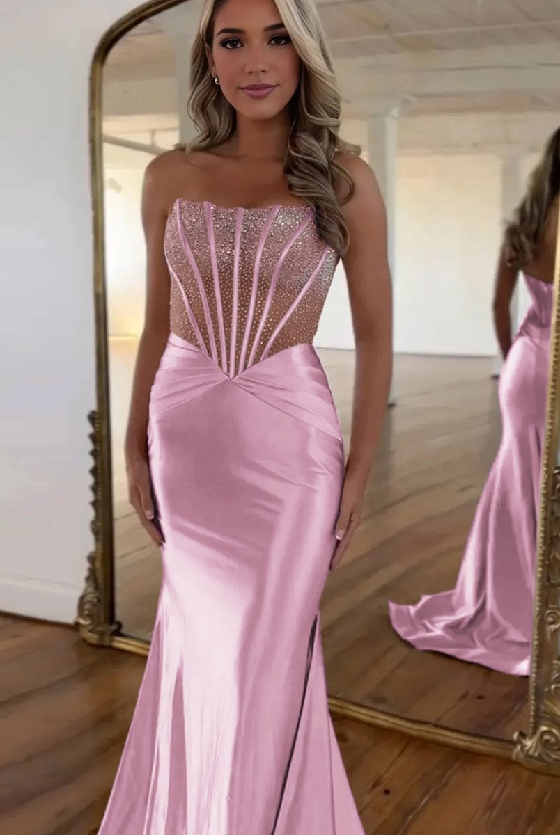 Serin | Purple Strapless Mermaid Satin Long Prom Dress With Beading