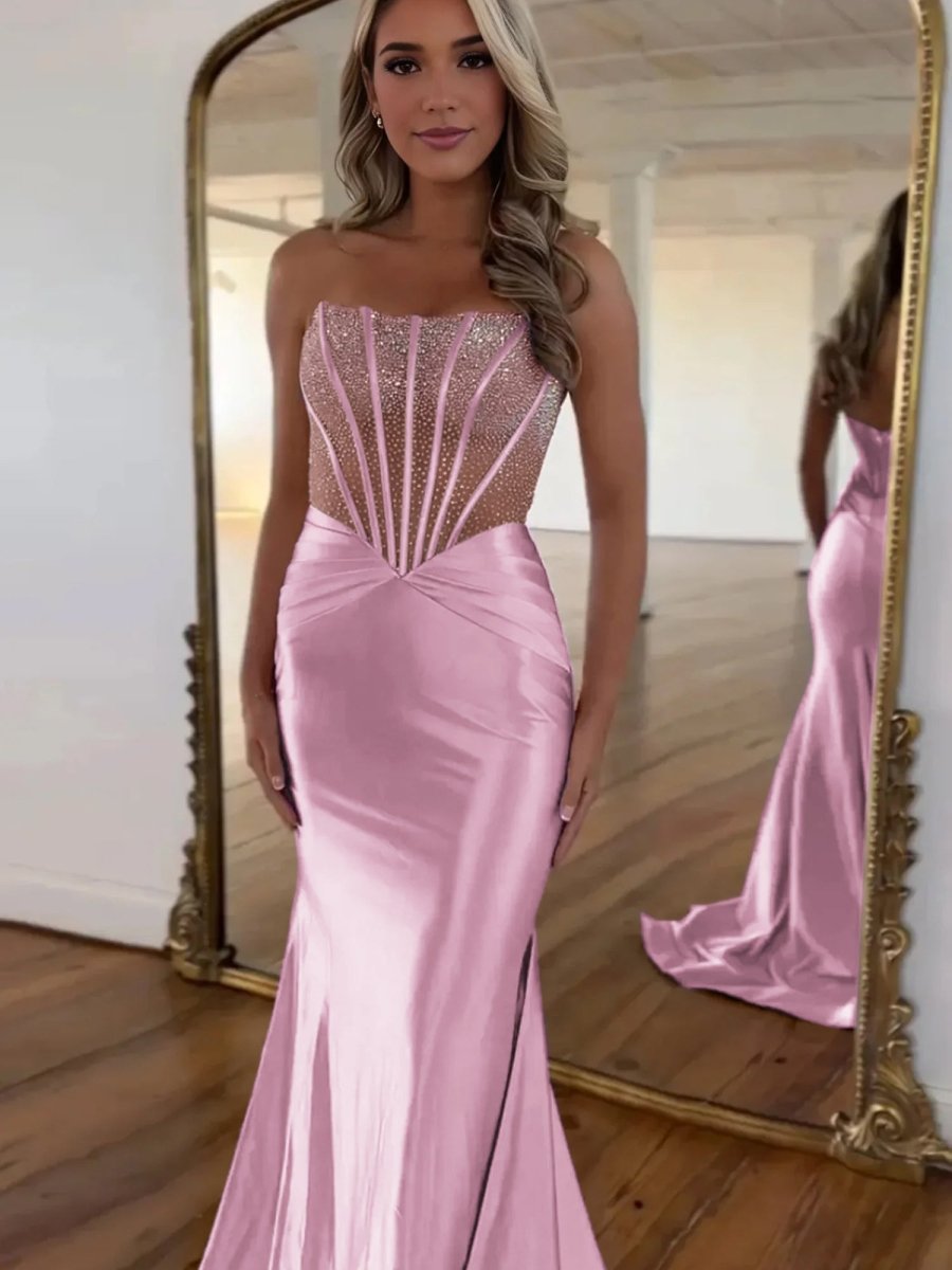 Serin | Pink - Strapless Mermaid Satin Long Prom Dress With Beading-KissProm