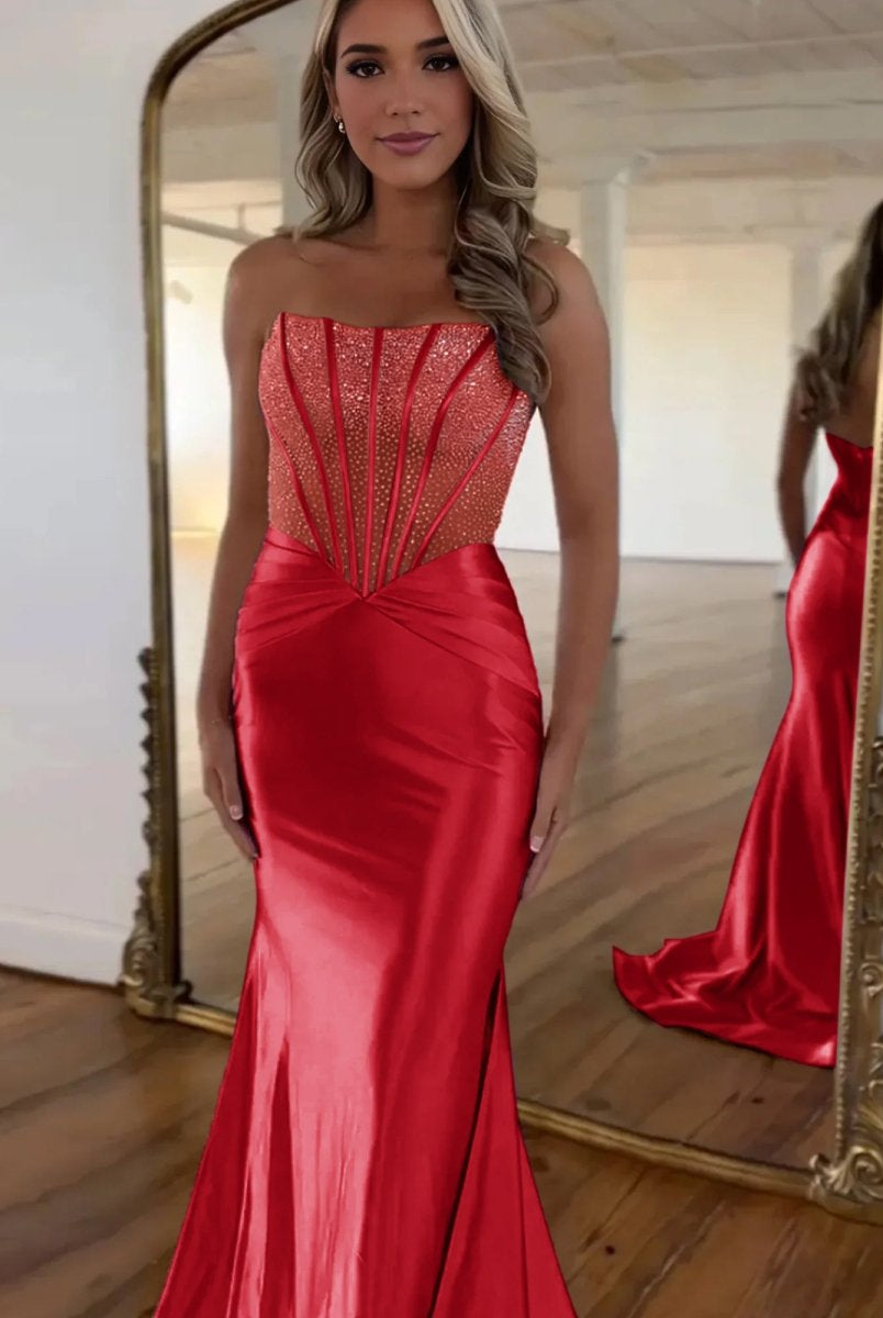 Serin | Purple Strapless Mermaid Satin Long Prom Dress With Beading