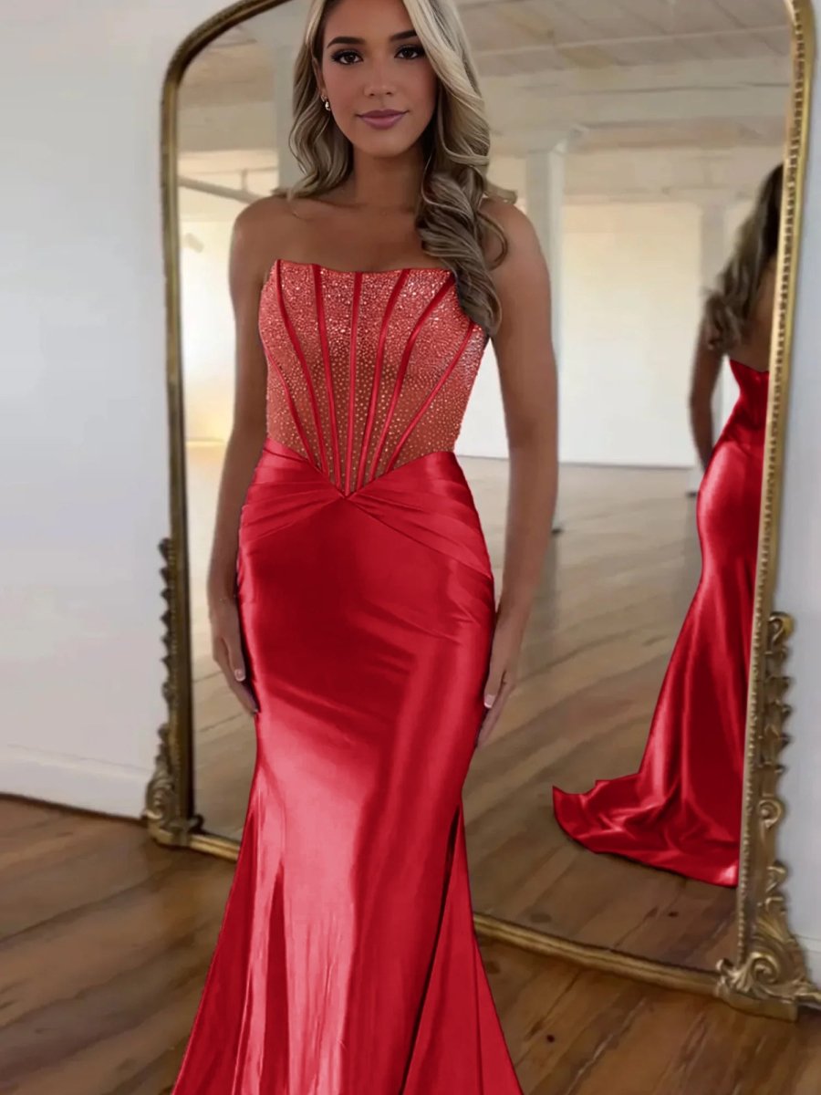 Serin | Red - Strapless Mermaid Satin Long Prom Dress With Beading-KissProm