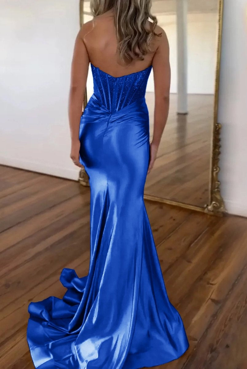 Serin | Purple Strapless Mermaid Satin Long Prom Dress With Beading