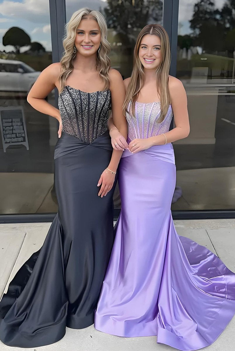 Serin | Purple - Strapless Mermaid Satin Long Prom Dress With Beading-KissProm