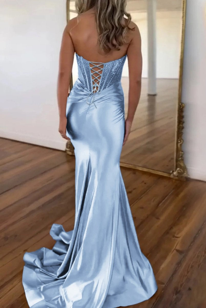 Serin | Sky Blue - Strapless Mermaid Satin Long Prom Dress With Beading-KissProm