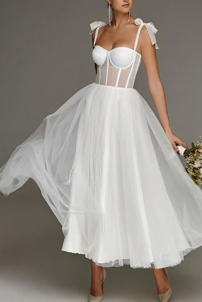 Sex Short White Wedding Dresses With Tulle Tea - Length - KissProm