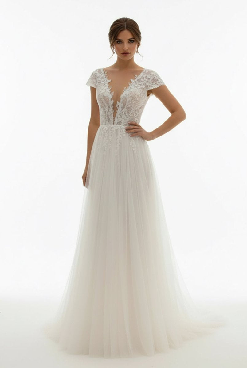 Sexy A Line Plunging Neckline Tulle Sweep Train Wedding Dress with Appliques - KissProm