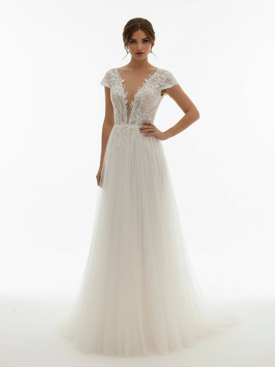 Sexy A Line Plunging Neckline Tulle Sweep Train Wedding Dress with Appliques - KissProm