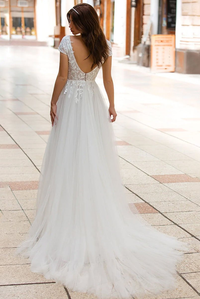 Sexy A Line Plunging Neckline Tulle Sweep Train Wedding Dress with Appliques - KissProm