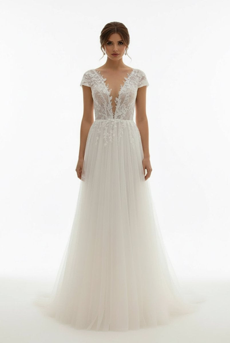 Sexy A Line Plunging Neckline Tulle Sweep Train Wedding Dress with Appliques - KissProm