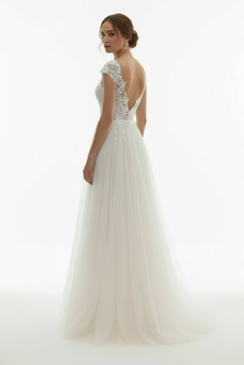 Sexy A Line Plunging Neckline Tulle Sweep Train Wedding Dress with Appliques - KissProm