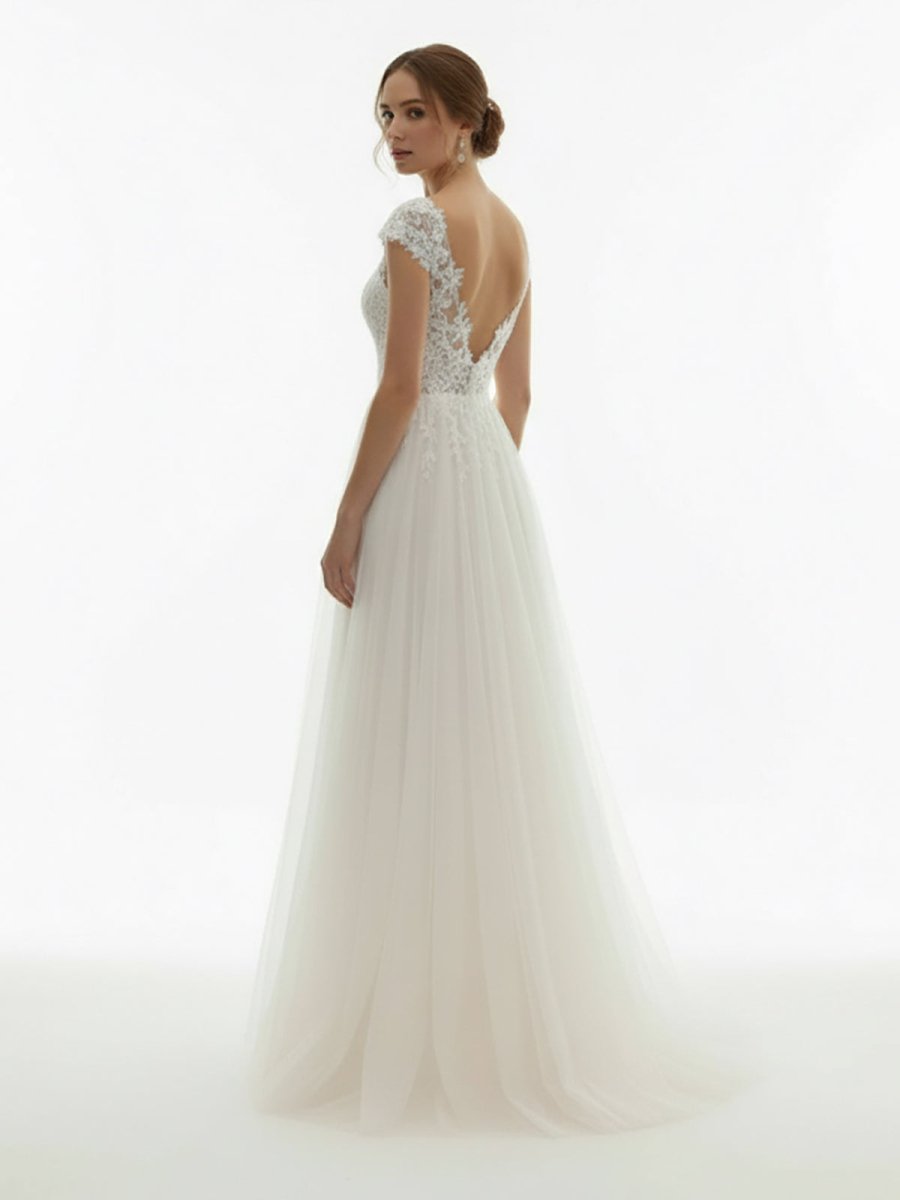 Sexy A Line Plunging Neckline Tulle Sweep Train Wedding Dress with Appliques - KissProm
