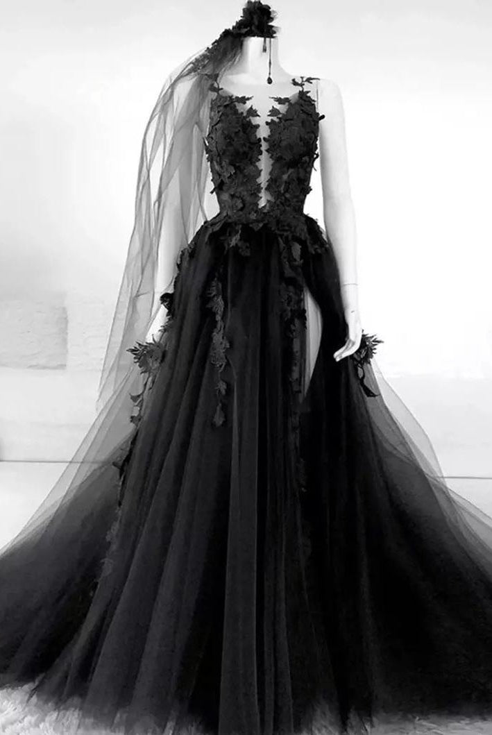 Sexy Black Lace Appliques Sleeveless Tulle Backless Wedding Dresses with Veil