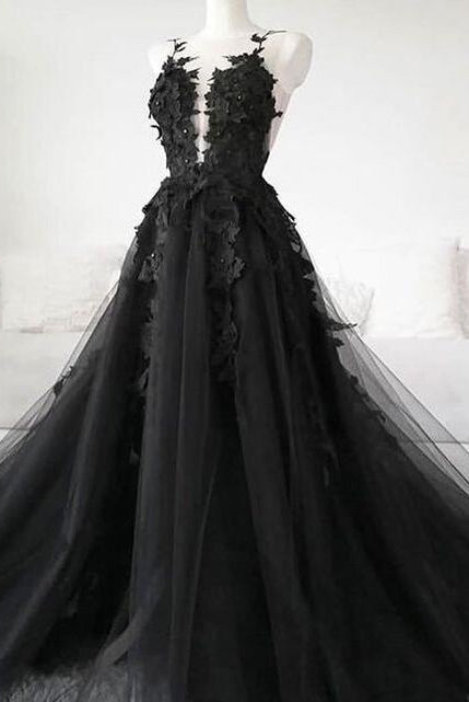 Sexy Black Lace Appliques Sleeveless Tulle Backless Wedding Dresses with Veil