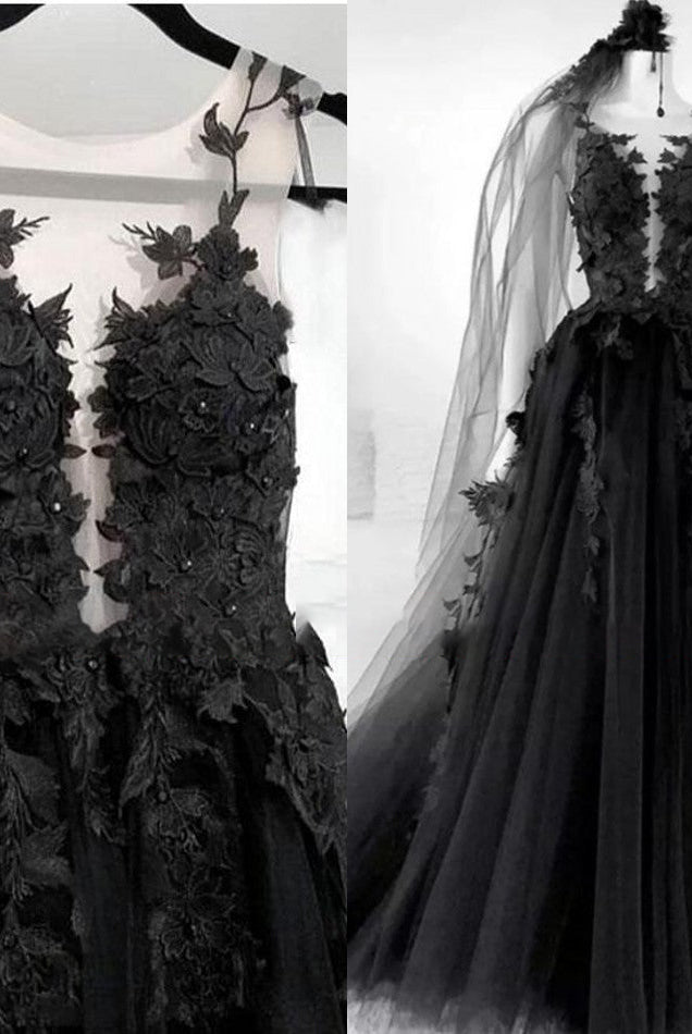 Sexy Black Lace Appliques Sleeveless Tulle Backless Wedding Dresses with Veil