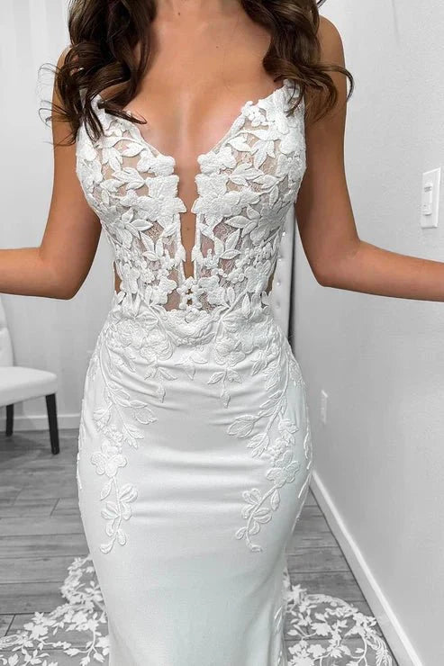 Sexy Satin V-Neck Spaghetti Straps Illusion Lace Applique with Lace Train Wedding Dress, Champagne / 4 Sexy Satin V-Neck Spaghetti Straps Illusion Lace Applique with Lace Train Wedding Dress, Champagne / 4
