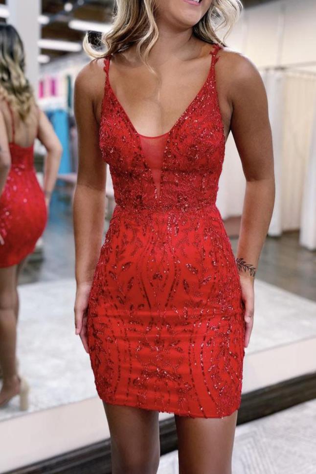 Bodycon Red V neck Lace Appliques Mini Party Dresses Bodycon Red V neck Lace Appliques Mini Party Dresses