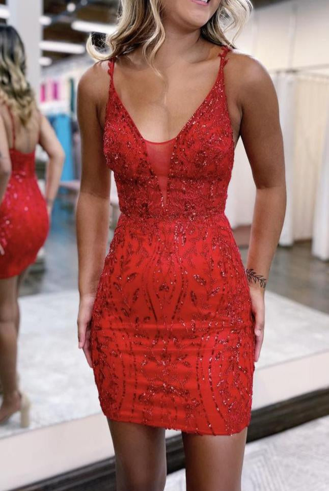 V neck Lace Appliques Short Homecoming Dress Tight Graduation Dress