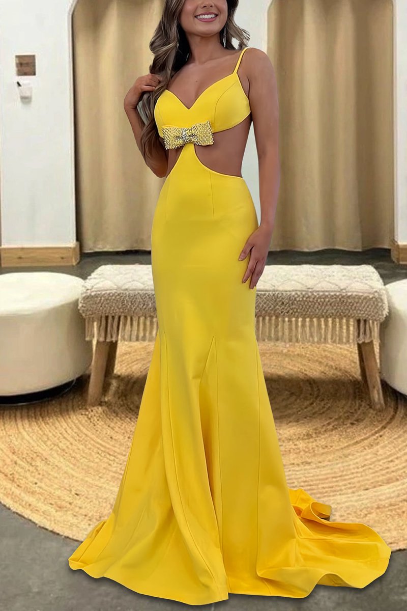 Asseda | Yellow - Spaghetti Straps Satin Cutout Mermaid Prom Dresses With Bowknot - KissProm