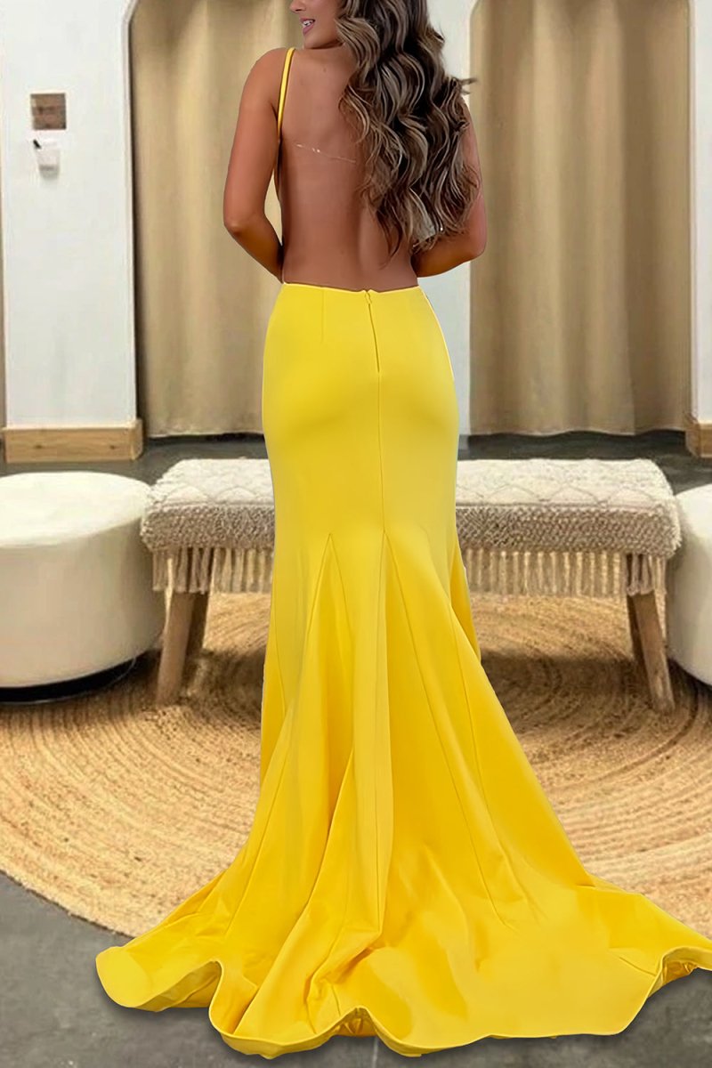 Asseda | Yellow - Spaghetti Straps Satin Cutout Mermaid Prom Dresses With Bowknot - KissProm