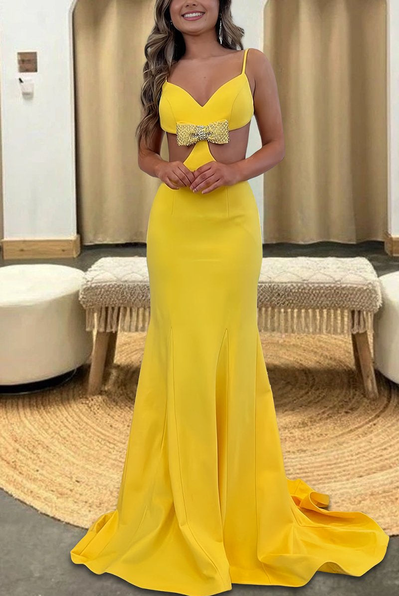 Asseda | Yellow - Spaghetti Straps Satin Cutout Mermaid Prom Dresses With Bowknot - KissProm