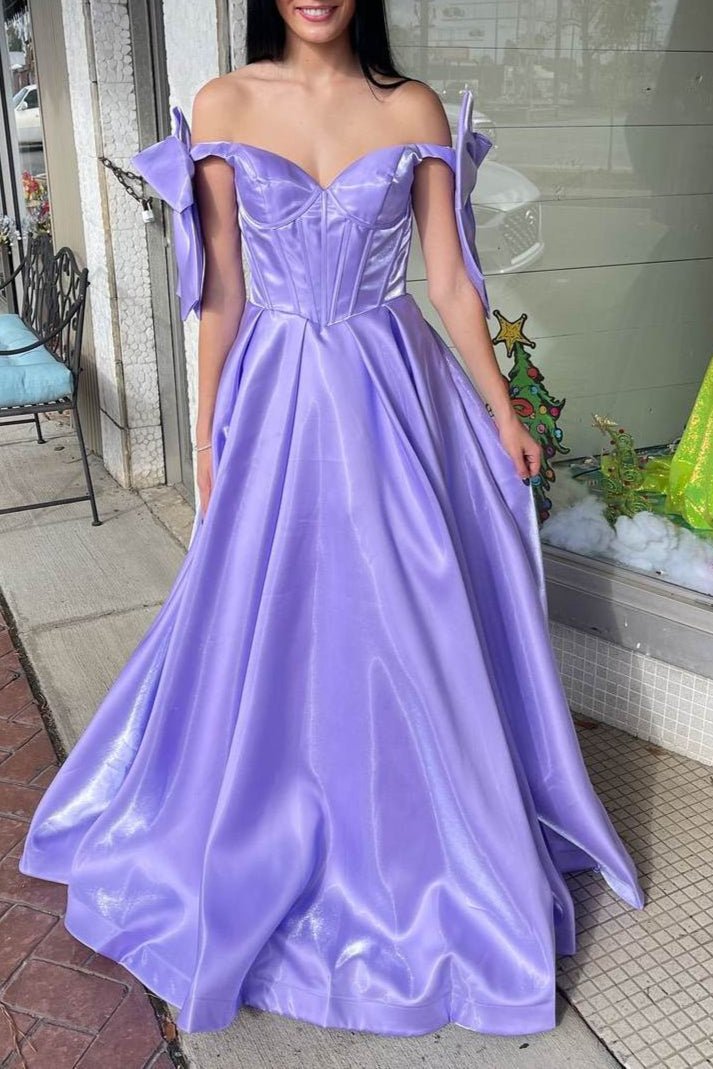 Shanty | A - Line Off - Shoulder Bow Pleated Long Prom Dress - KissProm