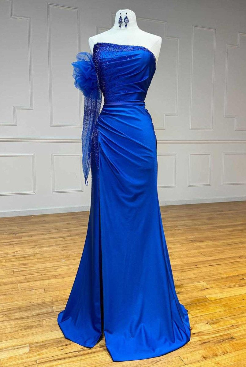 Sharice | Mermaid Strapless Beaded Ruched Long Prom Dress with Sleeve
