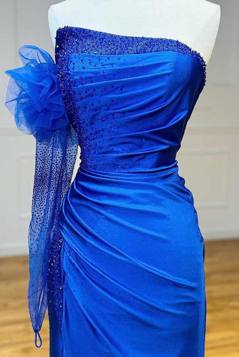 Sharice | Mermaid Strapless Beaded Ruched Long Prom Dress with Sleeve