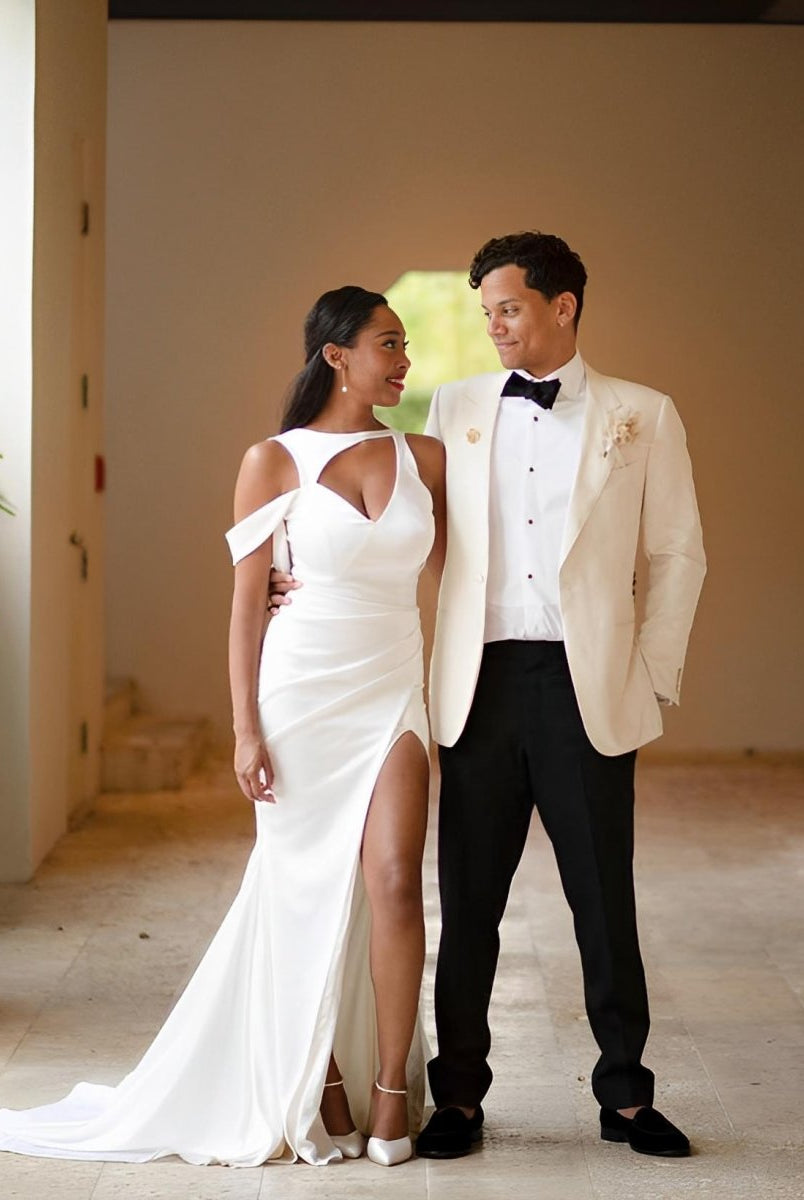 Mermaid Sweep Train Elastic Satin Wedding Dresses With Split Front