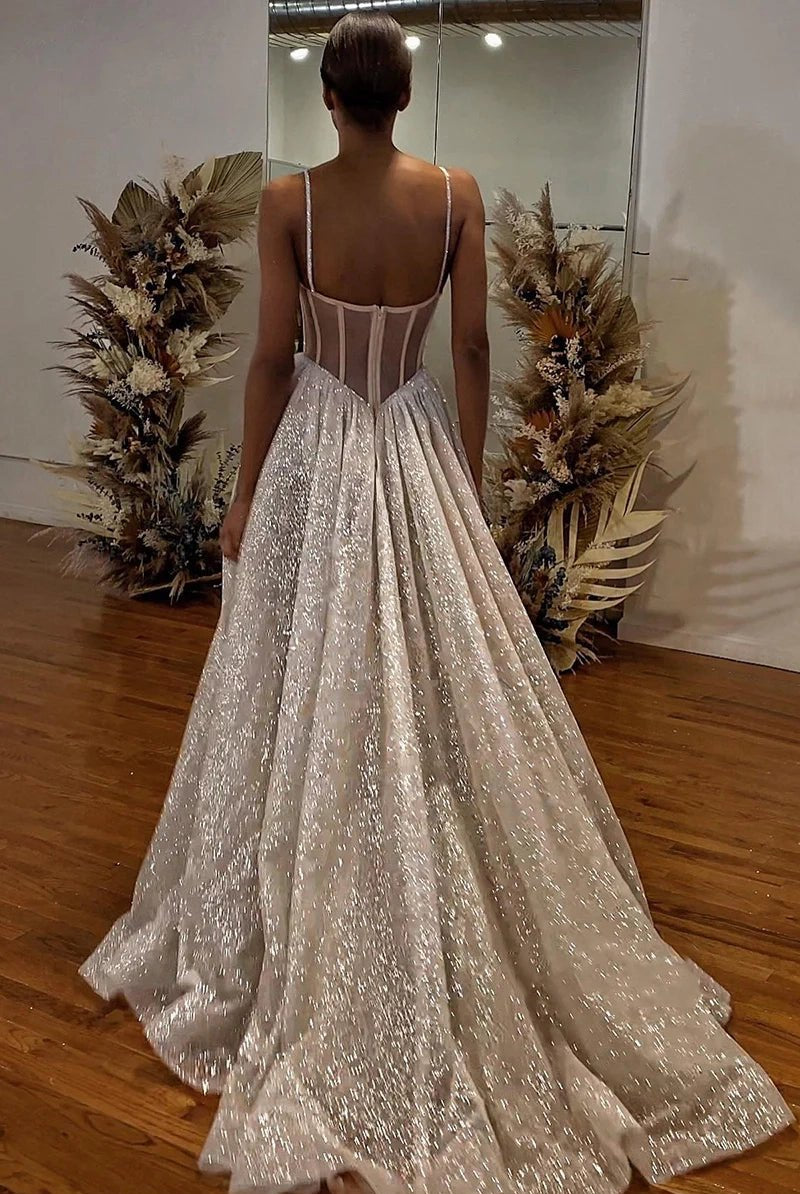 Jessa | Spaghetti Straps Lace Appliques Sparkly A-Line Wedding Dress