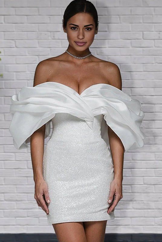 Sheath Glitter Short Off - the - Shoulder Wedding Dress With Lace - Up Back - KissProm