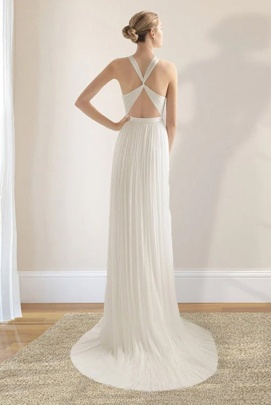 Sheath Halter Chiffon Plaited Dress With Special Back Design - KissProm