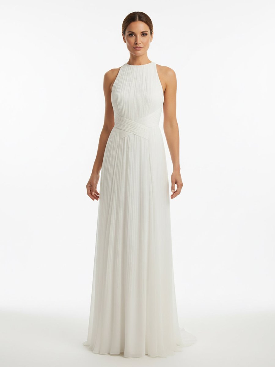 Sheath Halter Chiffon Plaited Dress With Special Back Design - KissProm